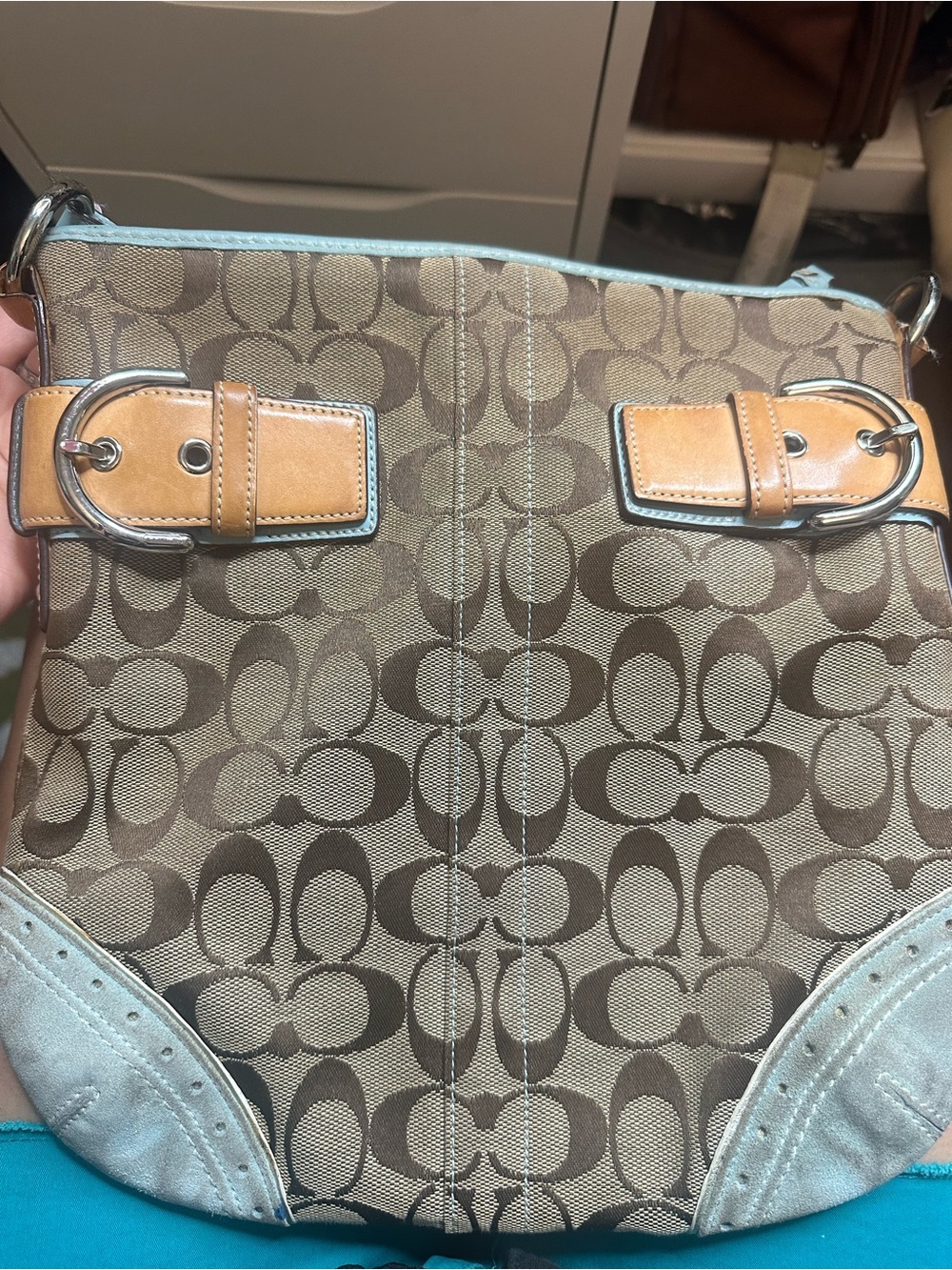 Coach Brown Signature Canvas Shoulder Bag with Tan Trim and Light Blue Accents